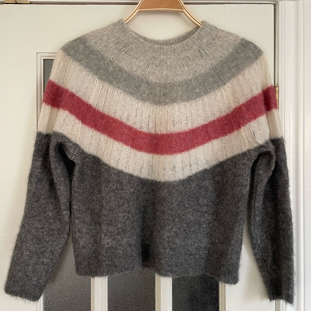 Autumn Cashmere Striped Yoke Crewneck Sweater in Charcoal Combo